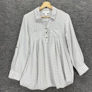 Motherhood Maternity Shirt Gray Check Two Pocket Roll Tab Sleeves Size M